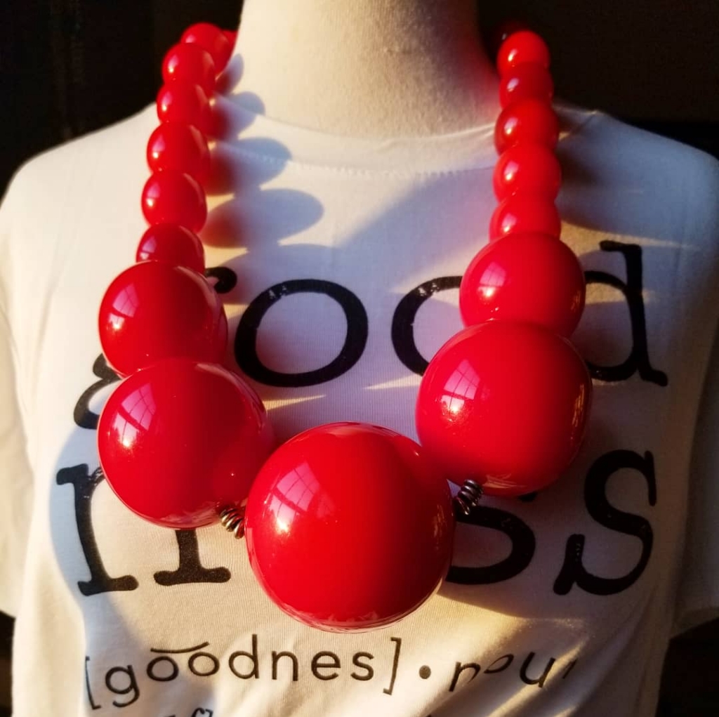 "Red Dottie" Resin W/ Silver Necklace 15" Long - Only 1 Available. No Reorders